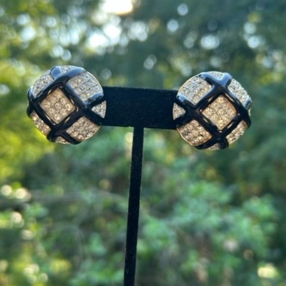 VTG CINER Gold Rhinestone Black Enamel EARRINGS - Picture 2 of 7